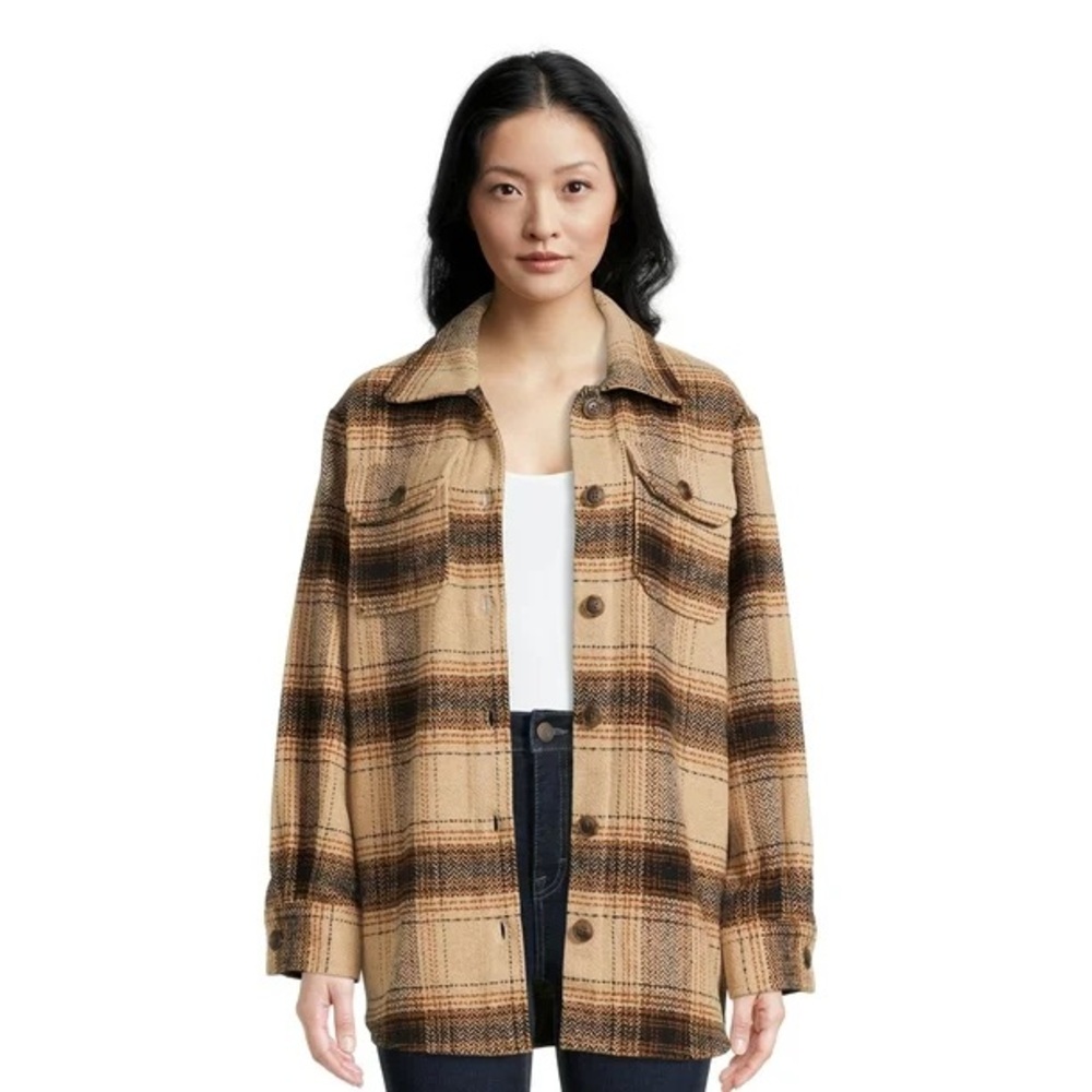 Flannel Plaid Shacket, Jacket, Beige Tones, Womens Medium